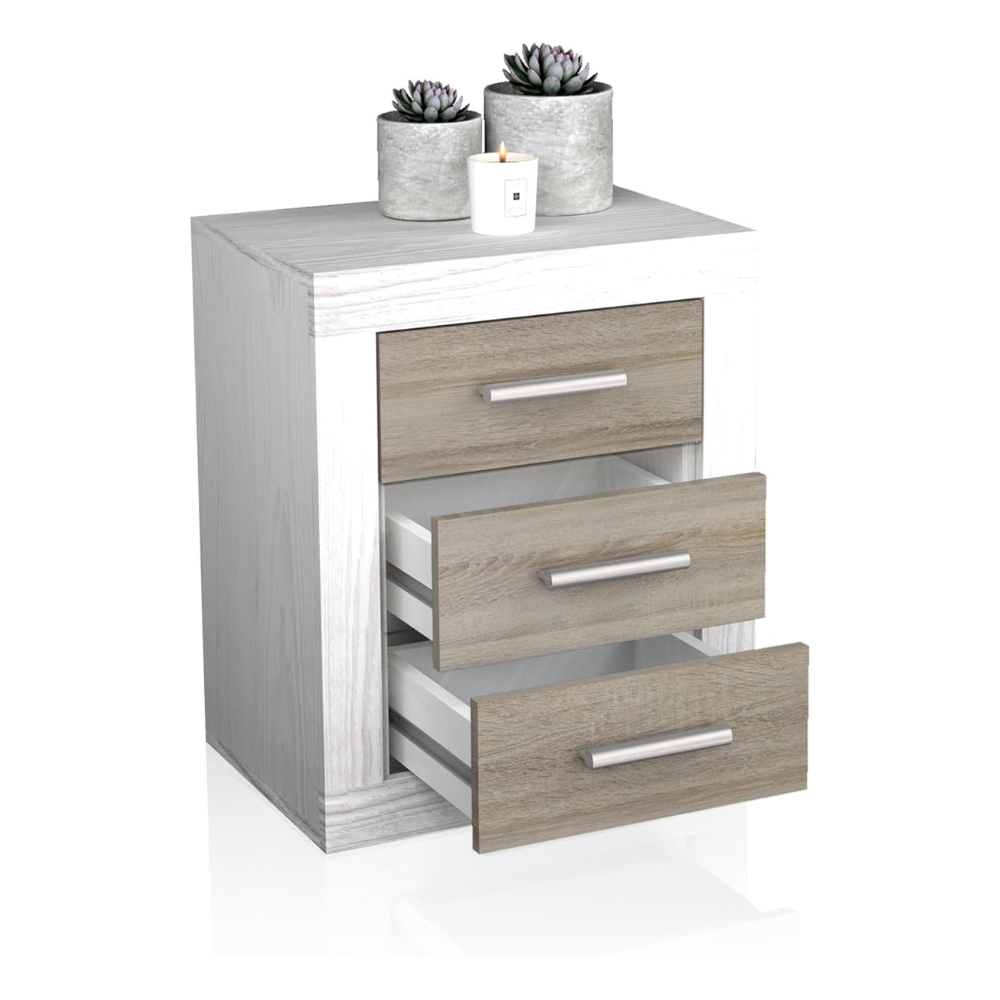 Mesita De Noche Lara 3 Cajones Andersen Pino-Gris 01-C (60x50x34,6 cm)