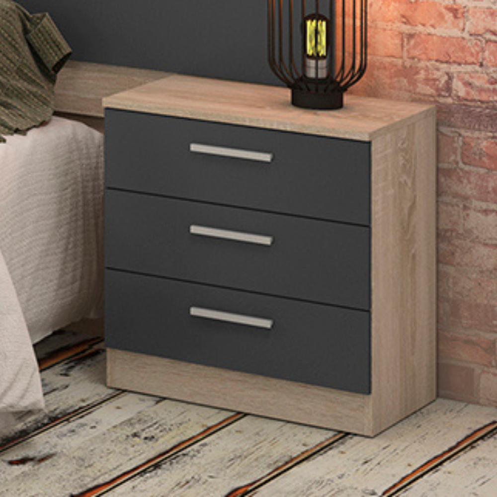 Mesita De Noche Monika 3 Cajones Cambria-Grafito 01-C (55x50x35 cm)