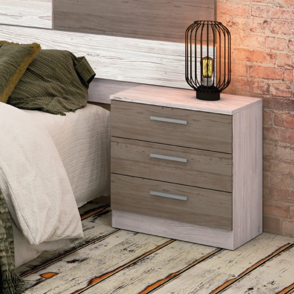 Mesita De Noche Monika 3 Cajones Andersen Pino-Gris 01-C (55x50x35 cm)