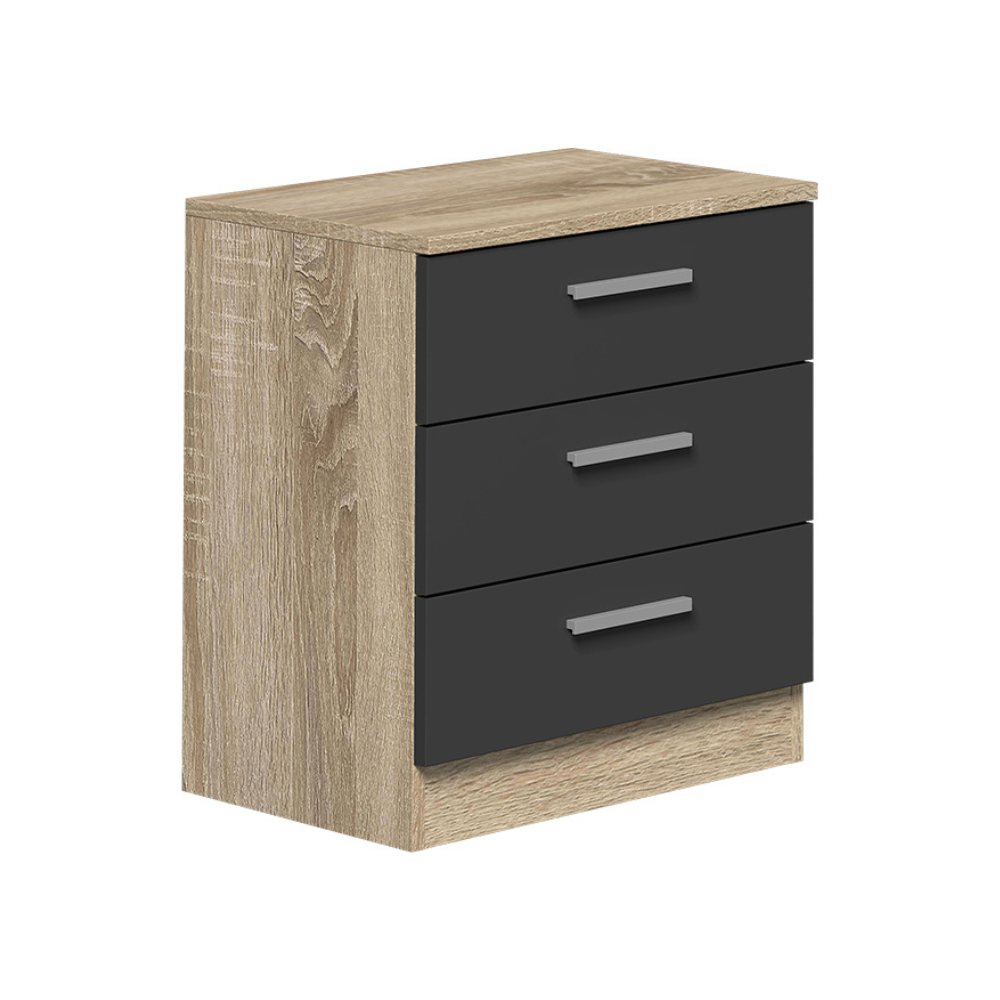 Mesita De Noche Monika 3 Cajones Cambria-Grafito 01-C (55x50x35 cm)