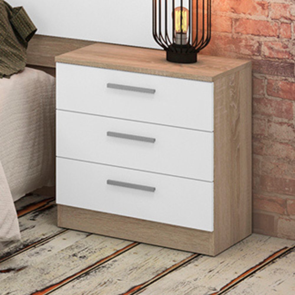 Mesita De Noche Monika 3 Cajones Cambria-Blanco 01-C (55x50x35 cm)