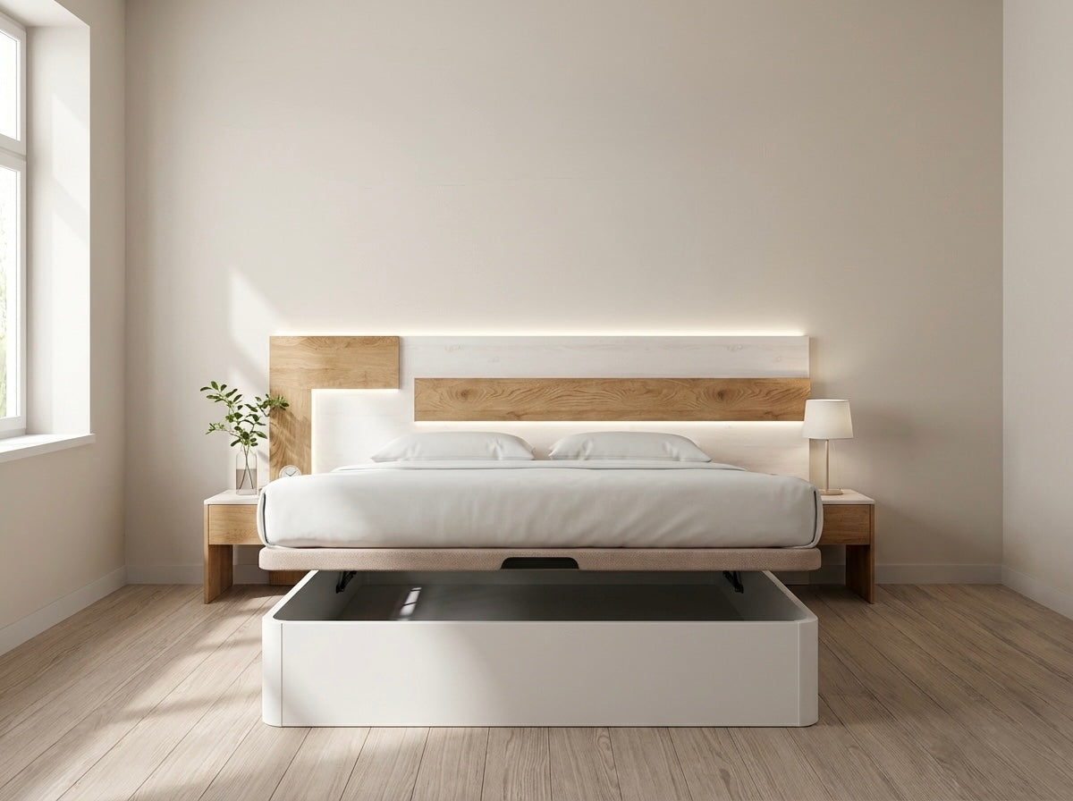 Cama canapé con espacio de almacenamiento, diseño moderno.
