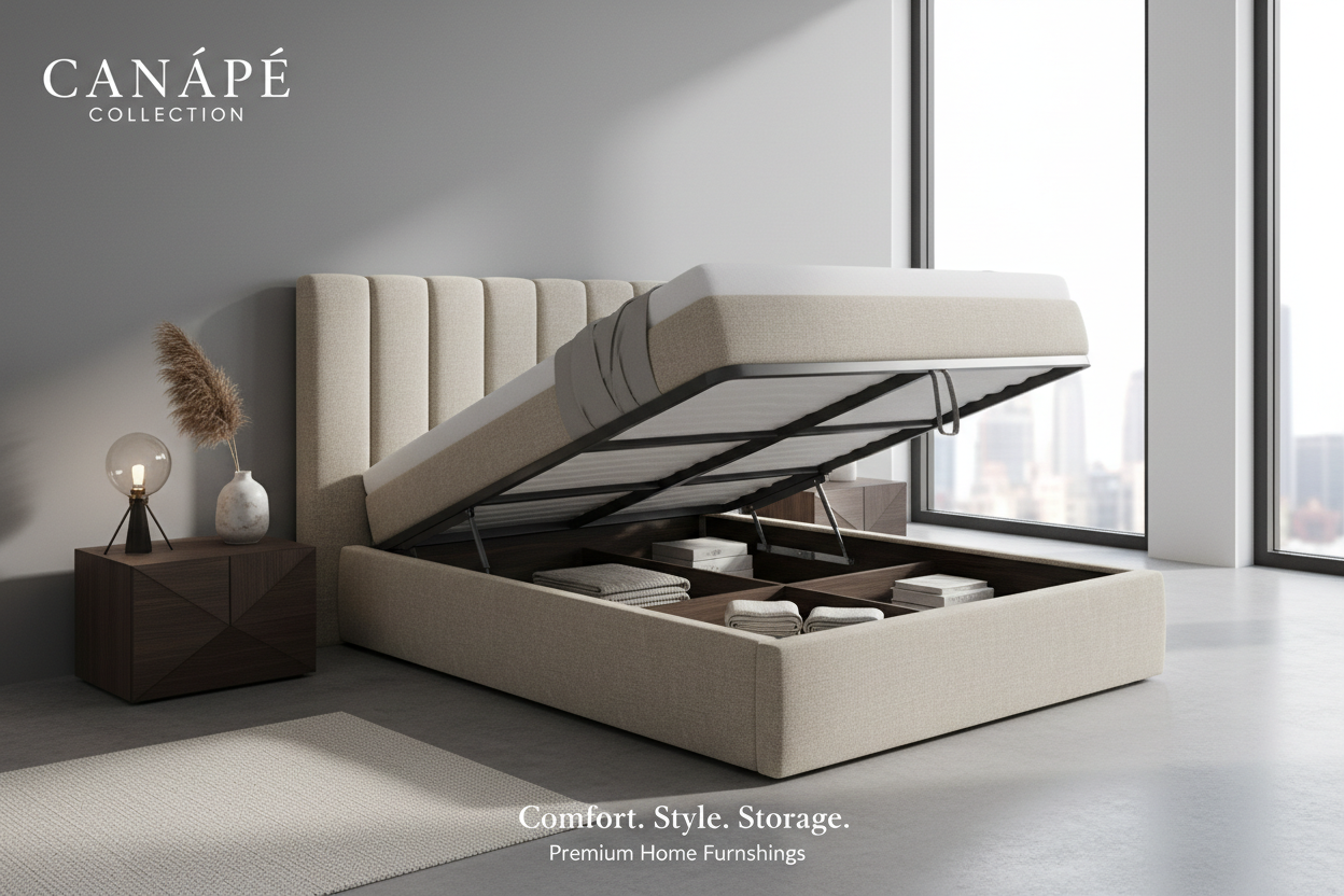 Cama canapé con espacio de almacenamiento, diseño moderno.