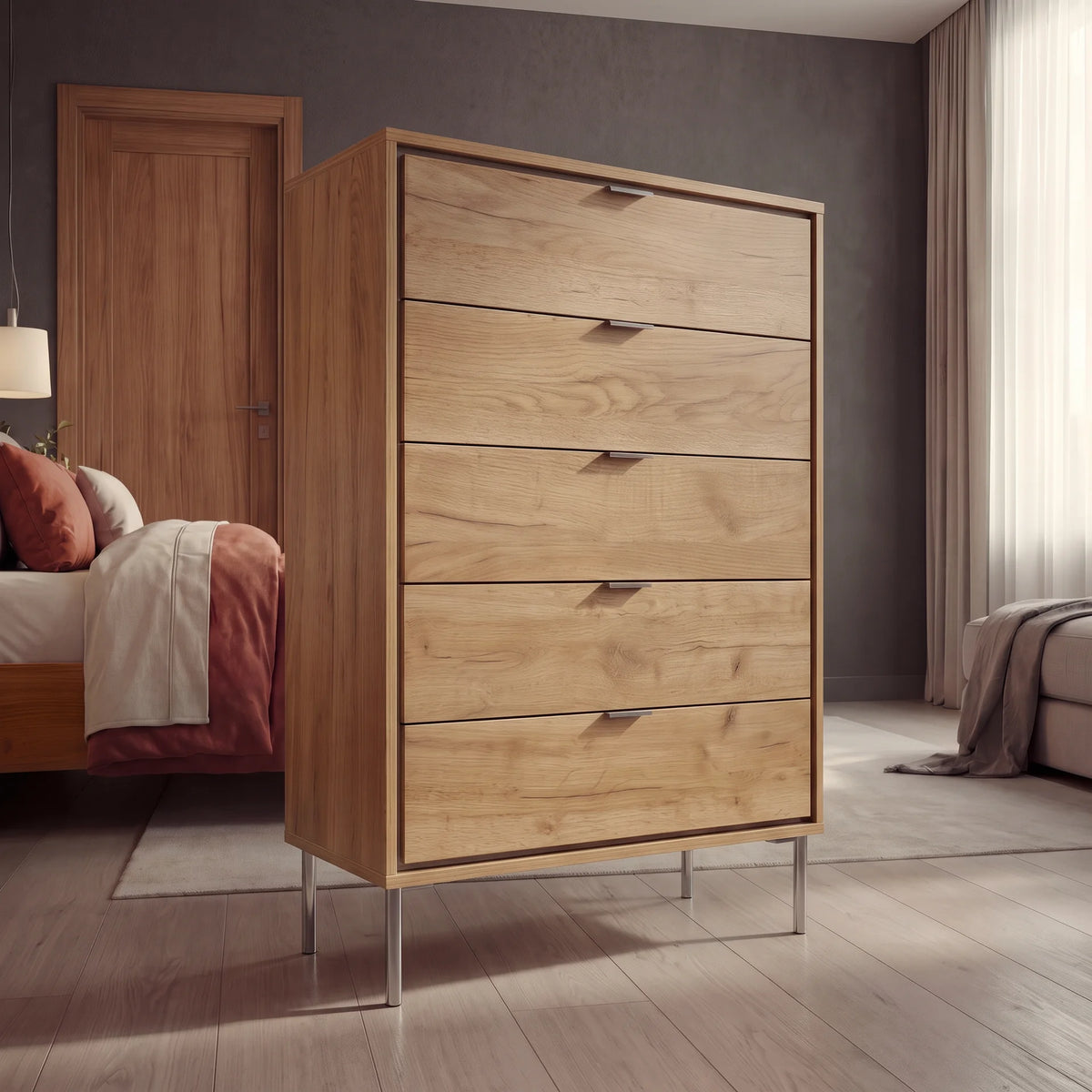 Cómoda Sforza 5 cajones roble natural(75x39,5x120 cm)